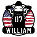 Custom basketball metal sign featuring a silhouetted player beneath a hoop with a flag-inspired background
