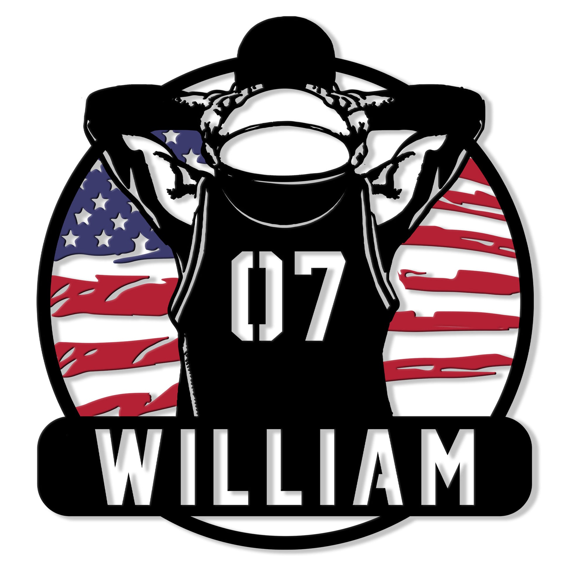 Custom basketball metal sign featuring a silhouetted player beneath a hoop with a flag-inspired background