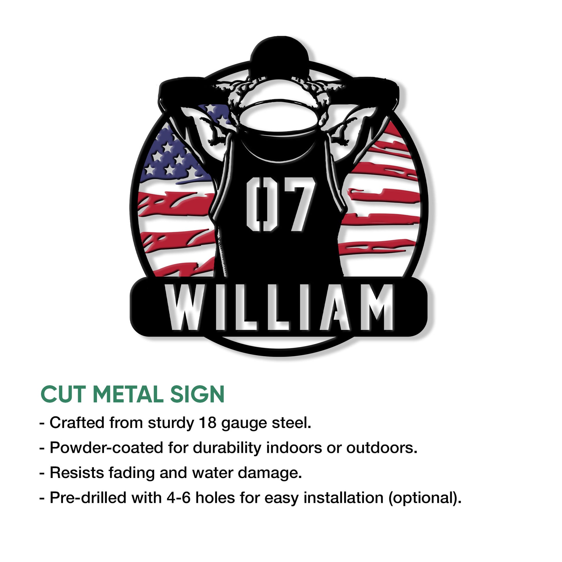 Basketball metal sign product graphic highlighting cut steel construction for indoor or outdoor display