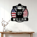 Basketball player metal sign displayed as sports wall decor in a bright home interior
