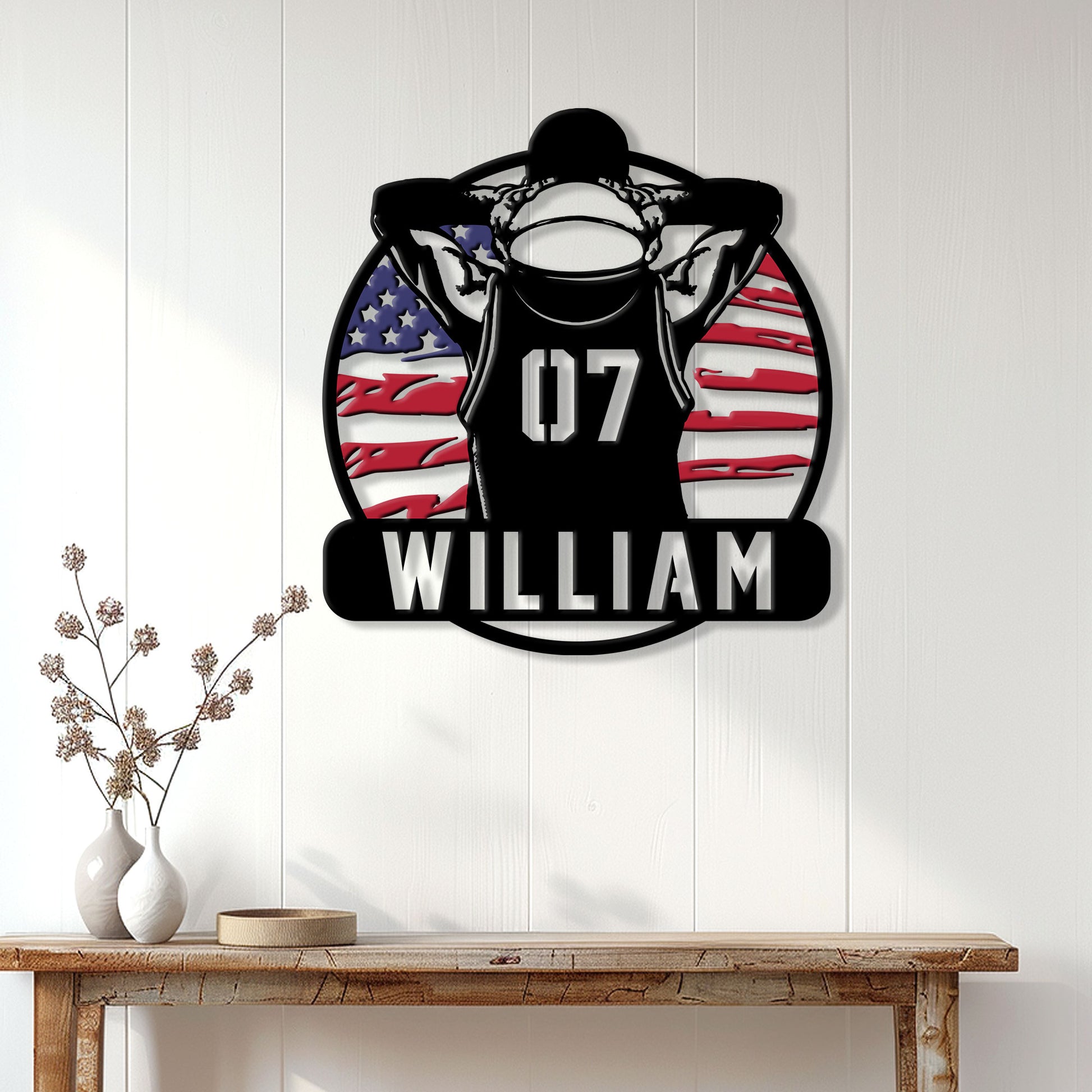 Basketball player metal sign displayed as sports wall decor in a bright home interior