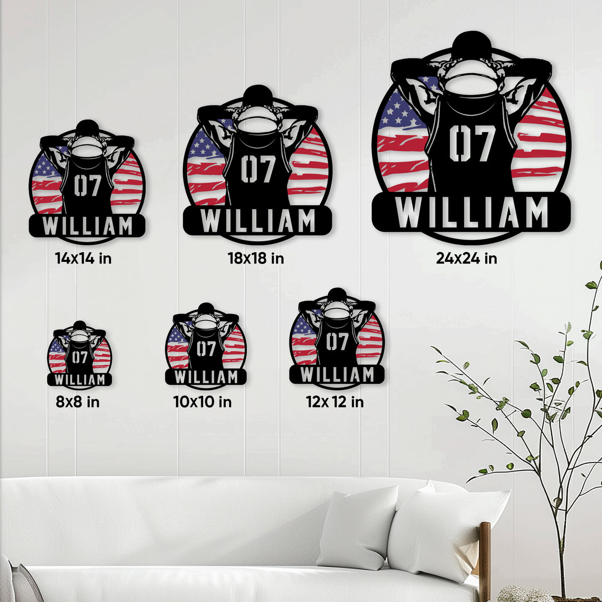Basketball metal sign size guide showing available square sizes from 8 by 8 to 24 by 24 inches