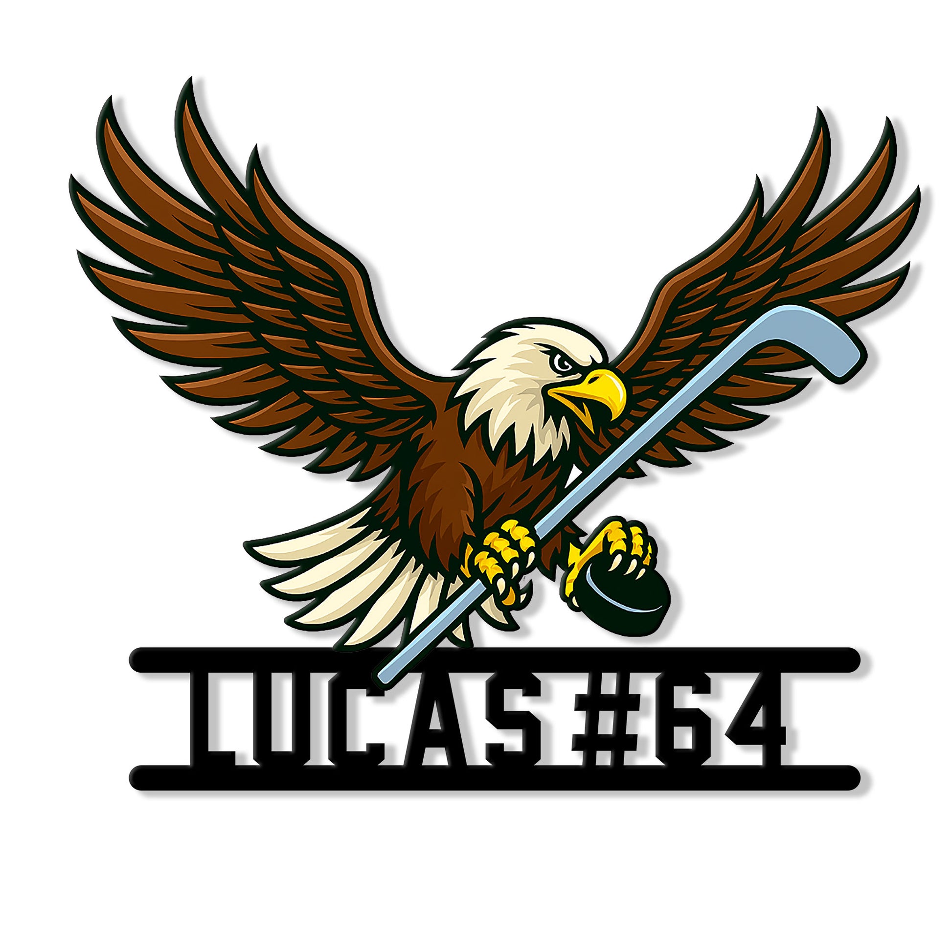Custom hockey metal sign featuring a bold eagle gripping a hockey stick and puck