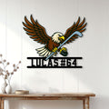 Eagle hockey metal sign displayed on a white paneled wall above a console table