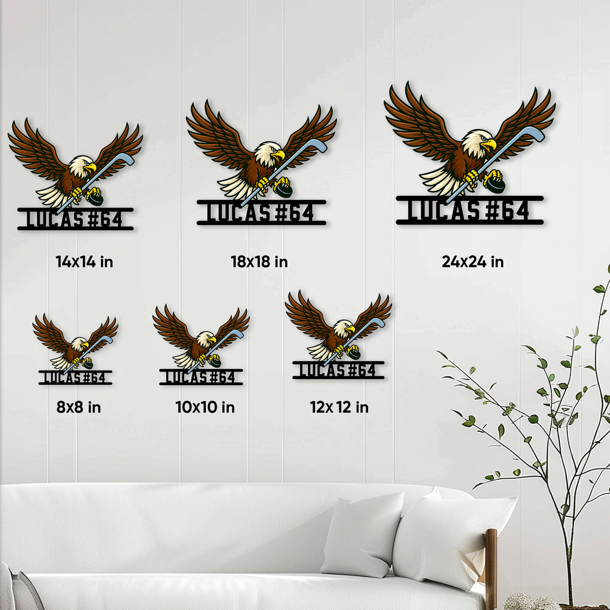 Hockey eagle metal sign size guide showing available square dimensions from 8x8 to 24x24 inches