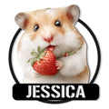 Cute hamster metal sign featuring a fluffy hamster holding a bright red strawberry