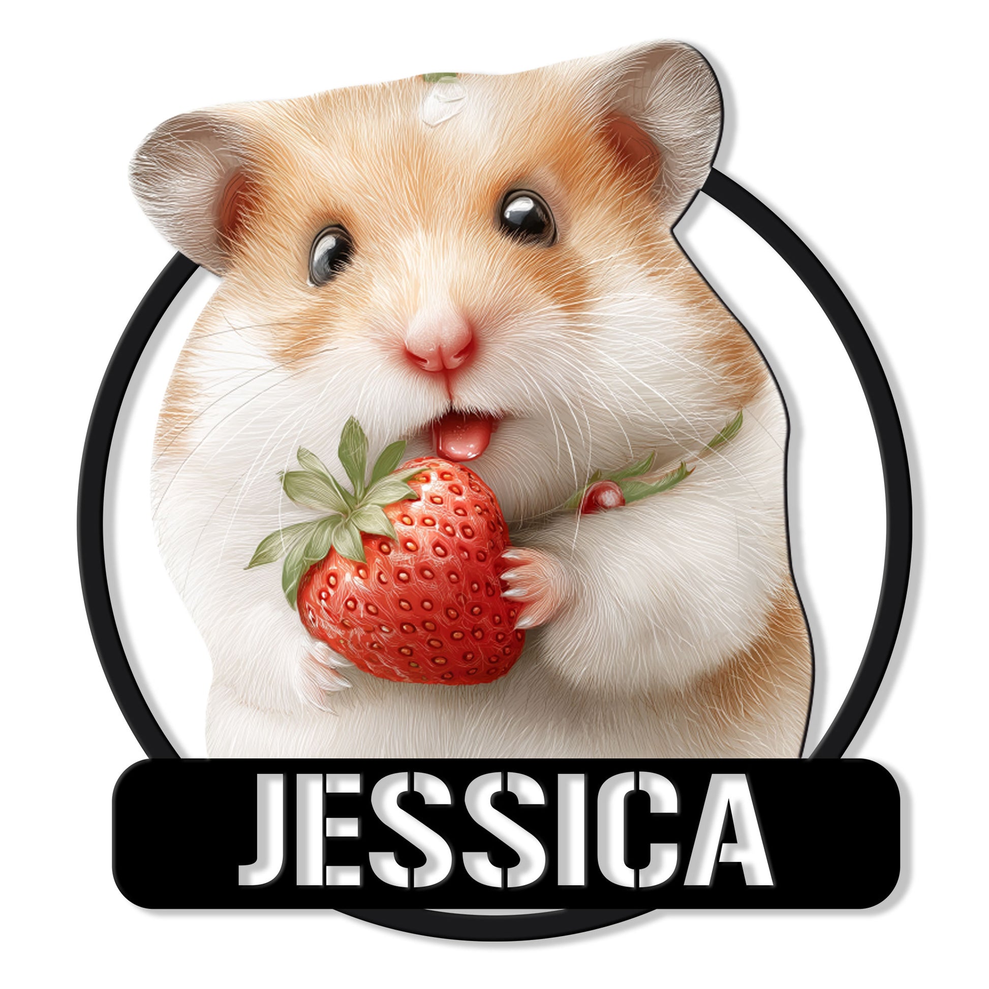 Cute hamster metal sign featuring a fluffy hamster holding a bright red strawberry