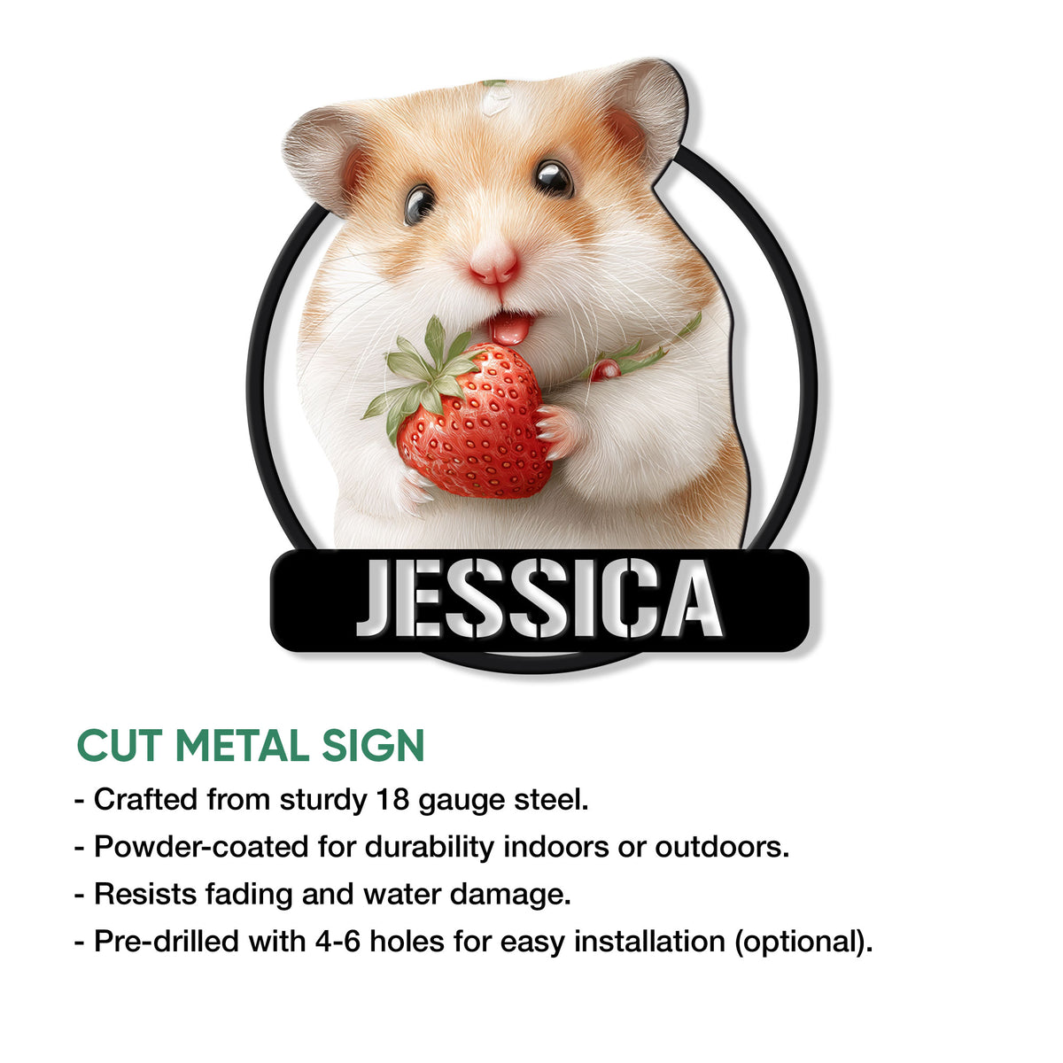 Hamster metal sign feature graphic showing a strawberry-loving pet design and cut steel construction