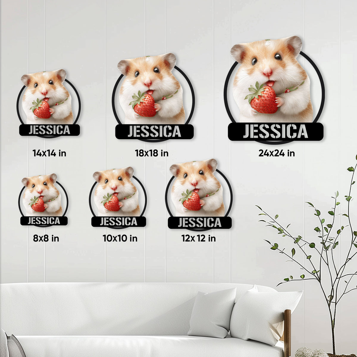 Hamster metal sign size guide showing several square size options arranged on a living room wall