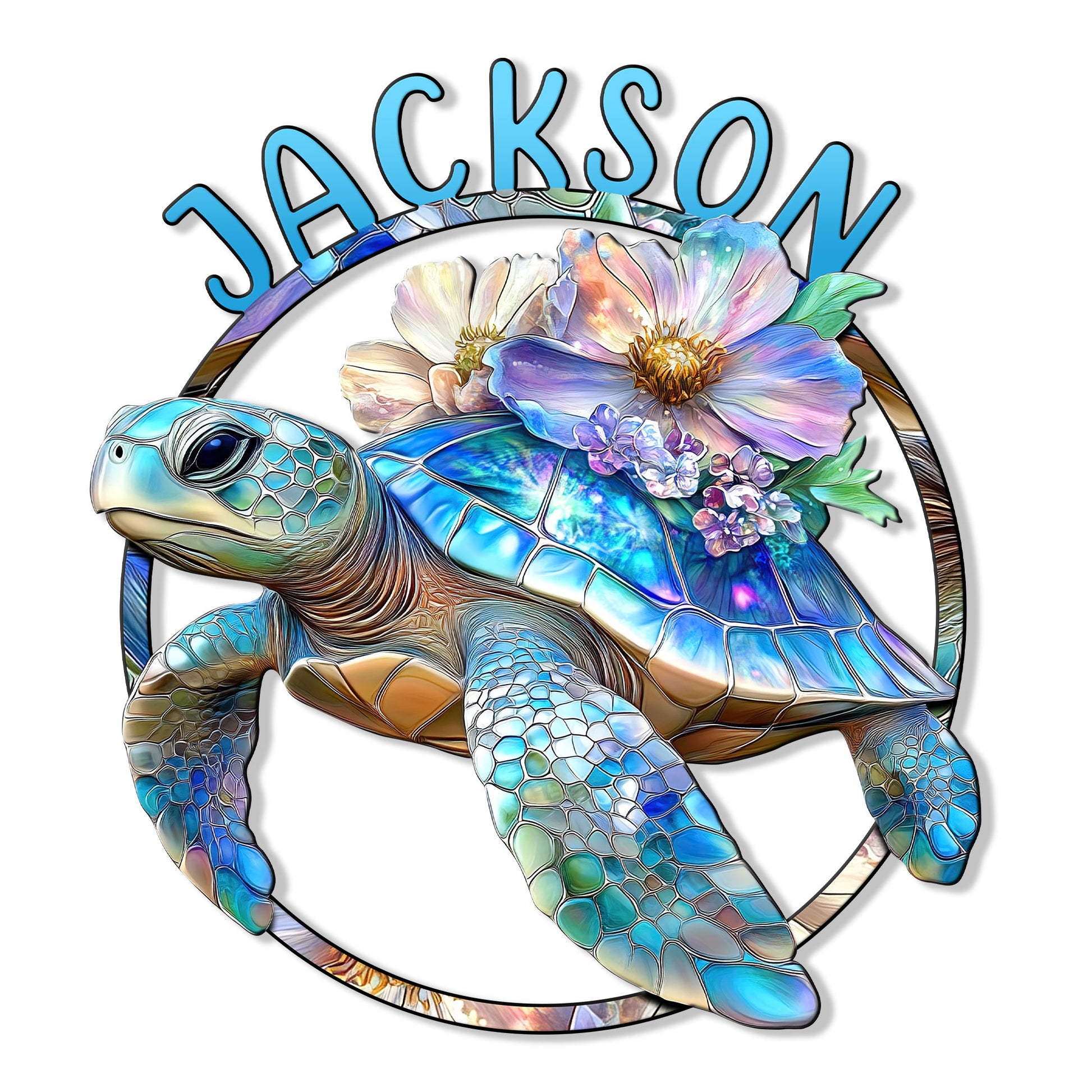 Colorful sea turtle metal sign with floral shell artwork and vibrant blue, teal, and purple details