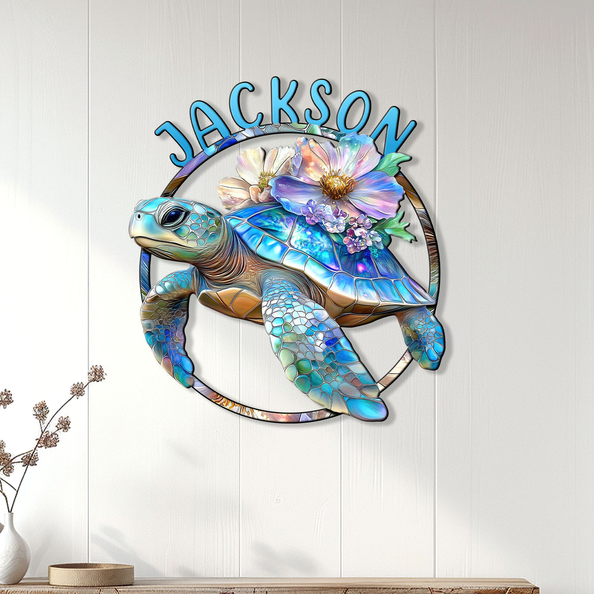 Floral sea turtle wall sign displayed on a light paneled wall as colorful coastal decor