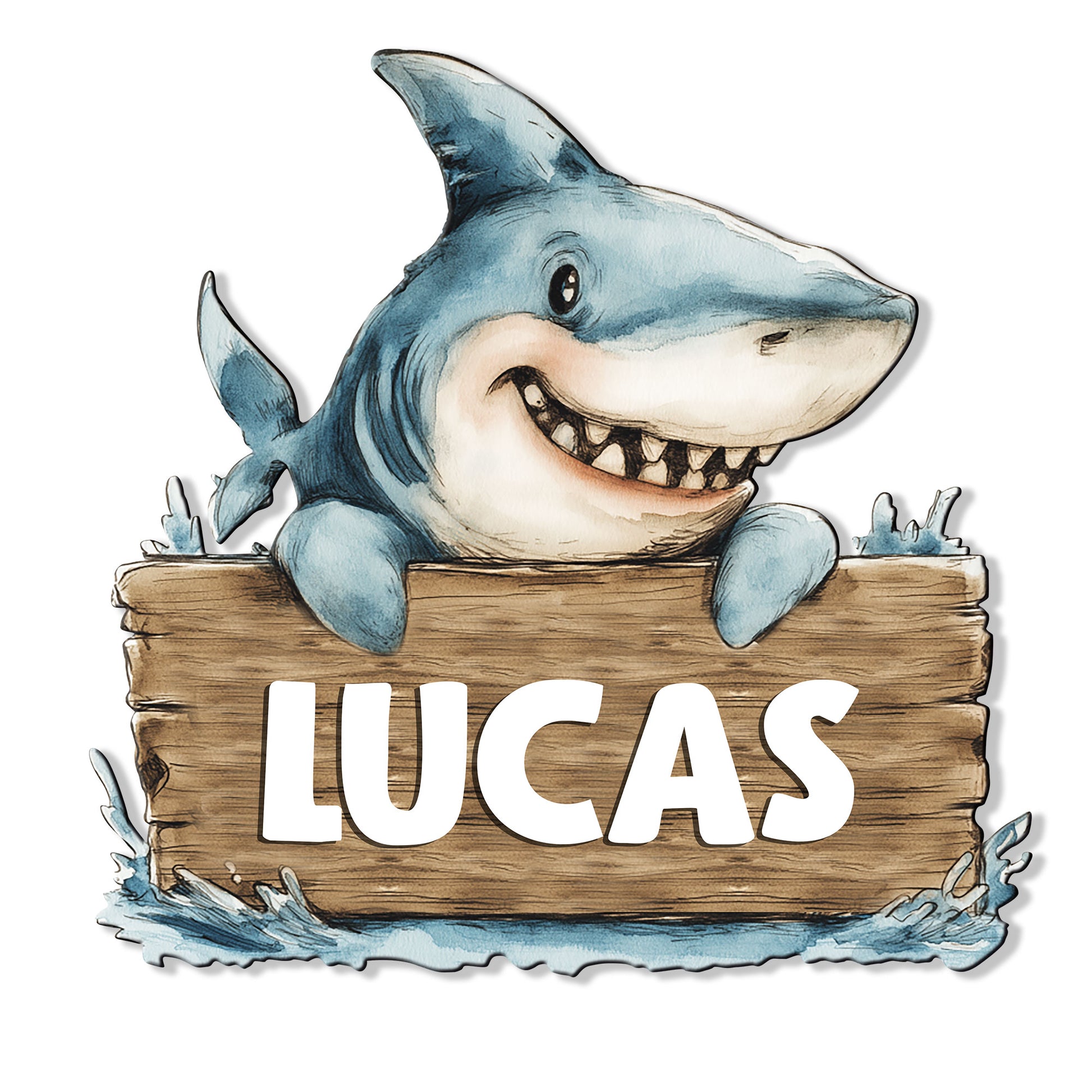 Playful watercolor shark metal sign design with ocean waves and a rustic wood-style plank