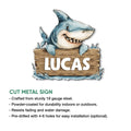 Shark metal sign product graphic highlighting cut-metal construction and indoor or outdoor display