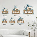 Shark metal sign size guide showing options from 8 by 8 inches to 24 by 24 inches