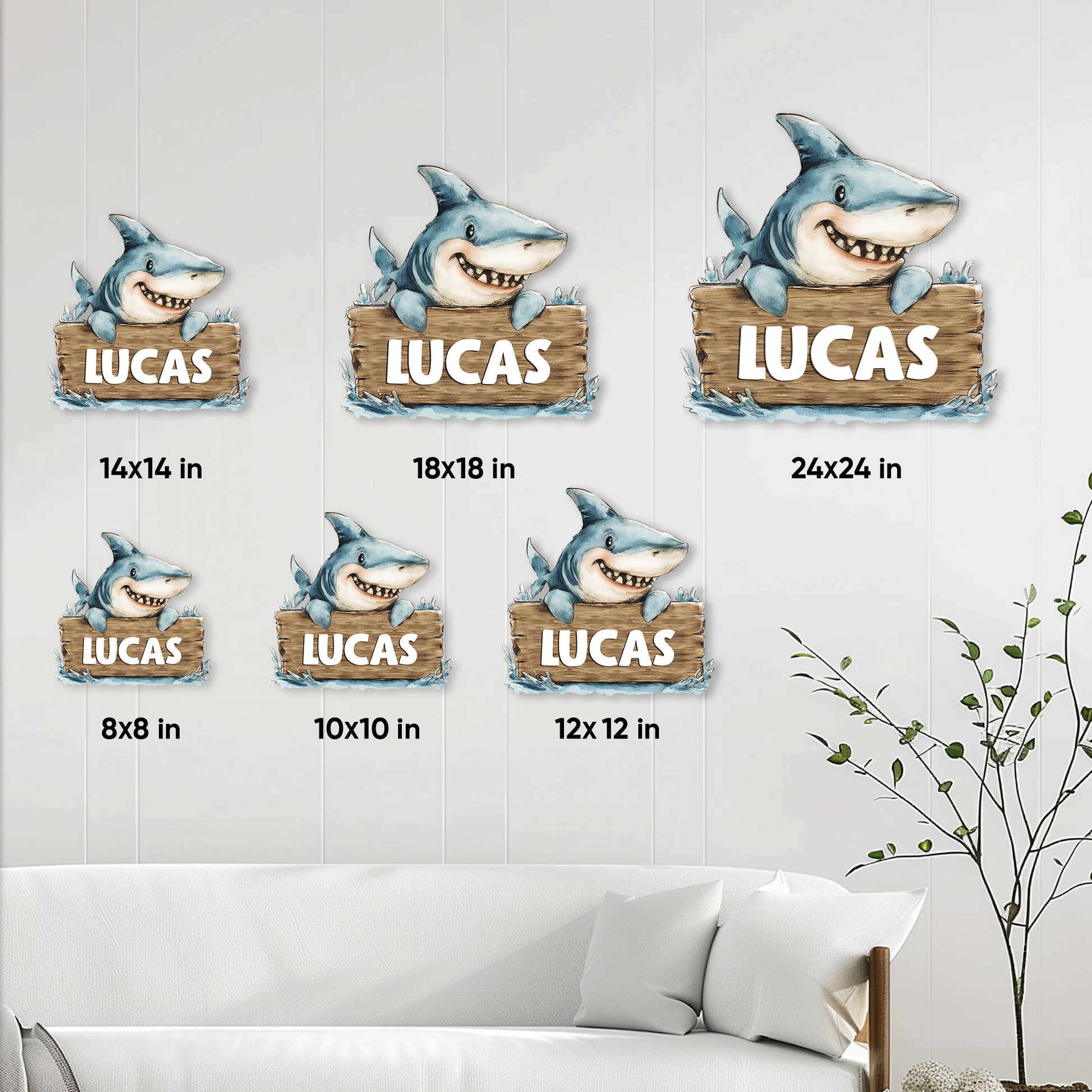 Shark metal sign size guide showing options from 8 by 8 inches to 24 by 24 inches