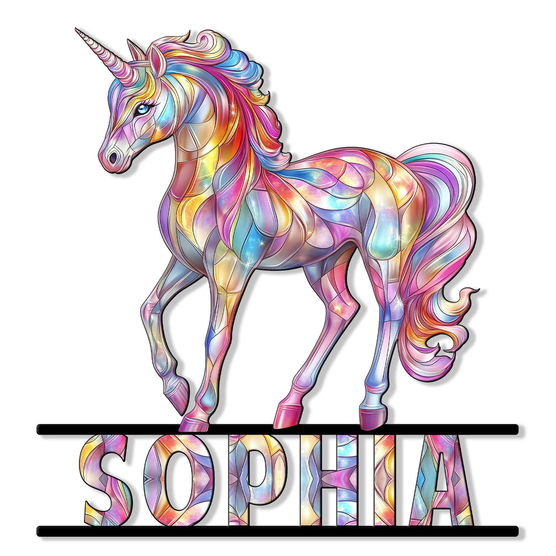 Vibrant unicorn cut metal sign featuring a flowing rainbow mane and colorful fantasy artwork