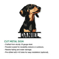 Detailed Dachshund cut metal sign shown as a decorative wall accent with product features