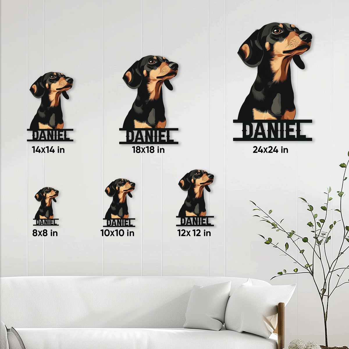 Dachshund metal sign shown in multiple size options for living room or dog room decor
