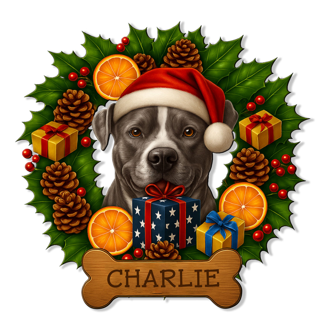 Custom pit bull metal sign featuring a Santa hat, gifts, holly, pinecones, oranges, and a bone-shaped accent
