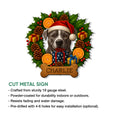 Pit bull Christmas metal sign product graphic showing the festive dog artwork and cut metal sign features