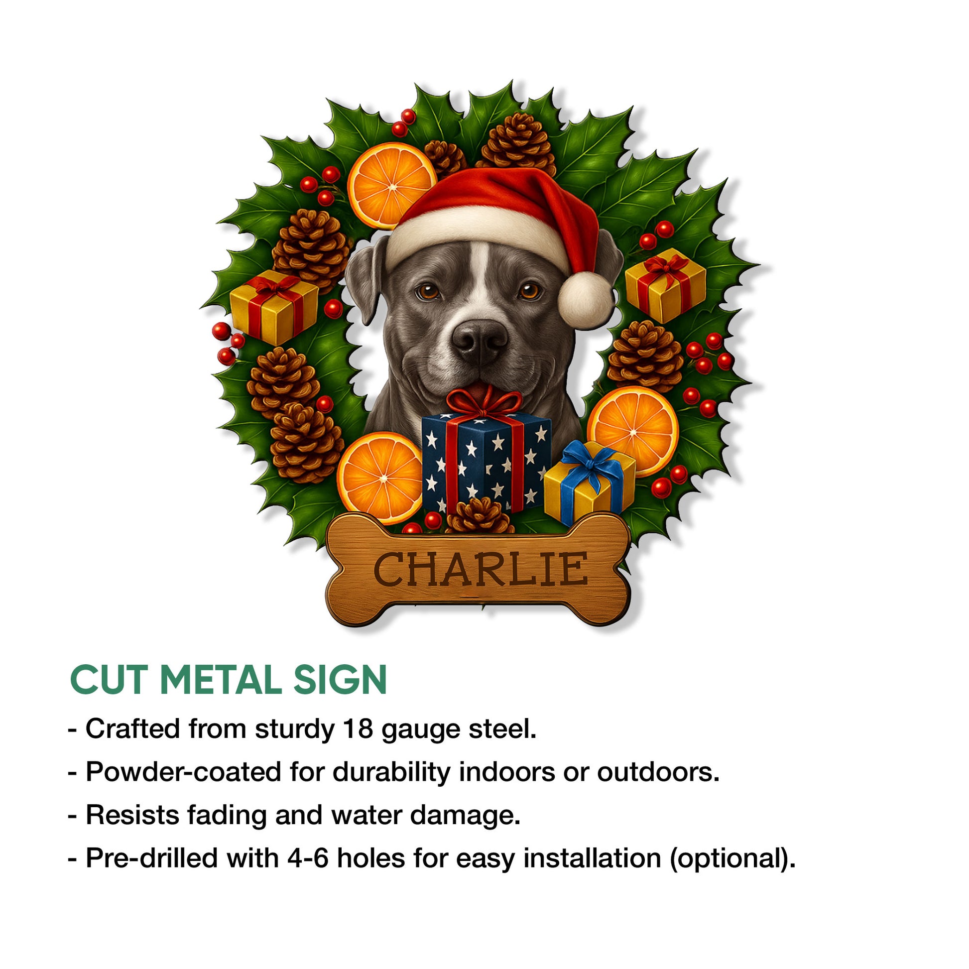 Pit bull Christmas metal sign product graphic showing the festive dog artwork and cut metal sign features