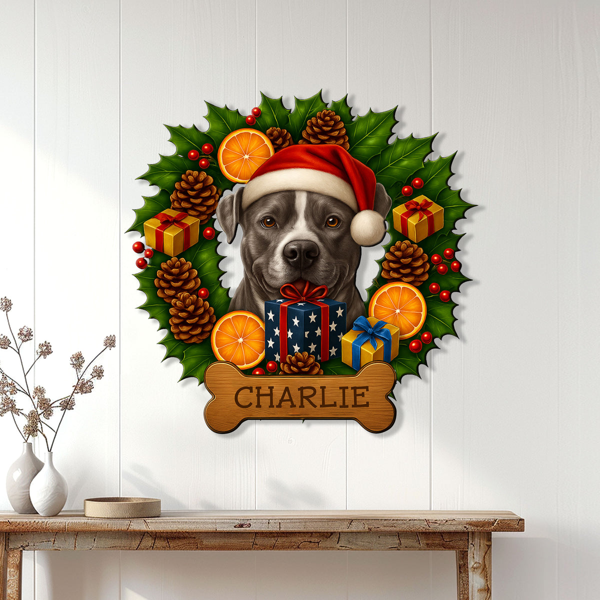 Festive pit bull metal sign displayed on a white plank wall above a console table for holiday home decor