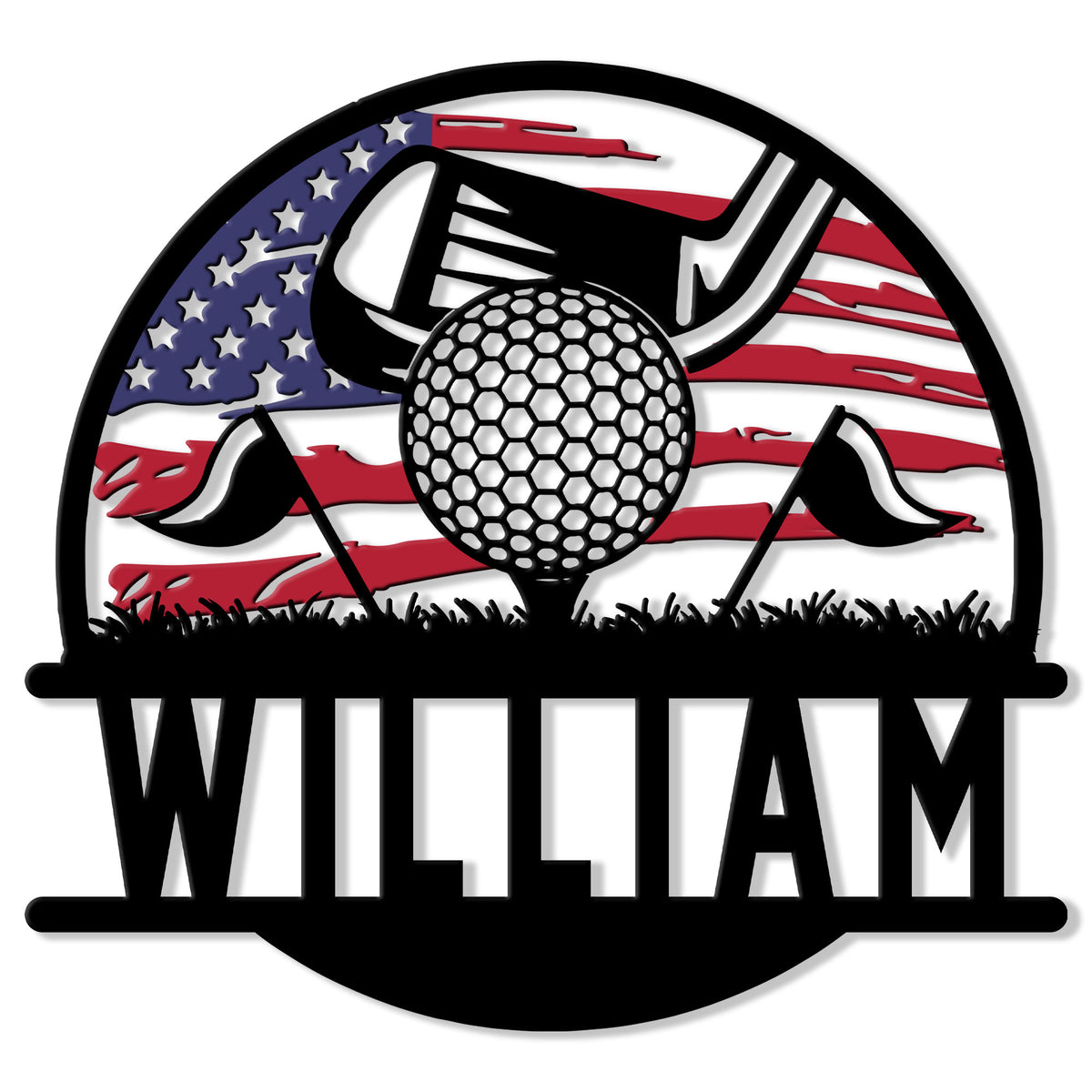 Patriotic golf metal sign featuring a golf ball, club, tees, grass silhouette, and American flag design