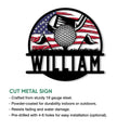Golf metal sign shown with a patriotic flag design and cut metal construction details
