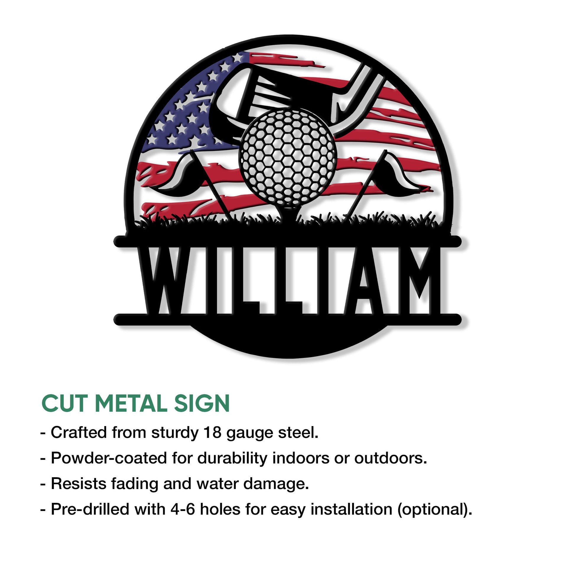 Golf metal sign shown with a patriotic flag design and cut metal construction details
