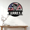 Patriotic golf wall sign displayed on a white paneled wall above a console table