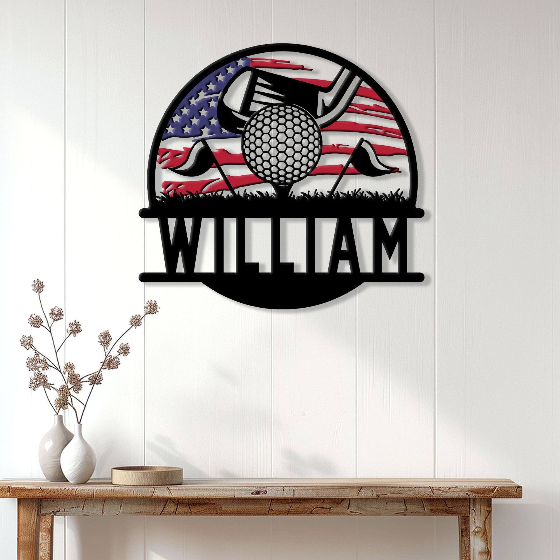 Patriotic golf wall sign displayed on a white paneled wall above a console table