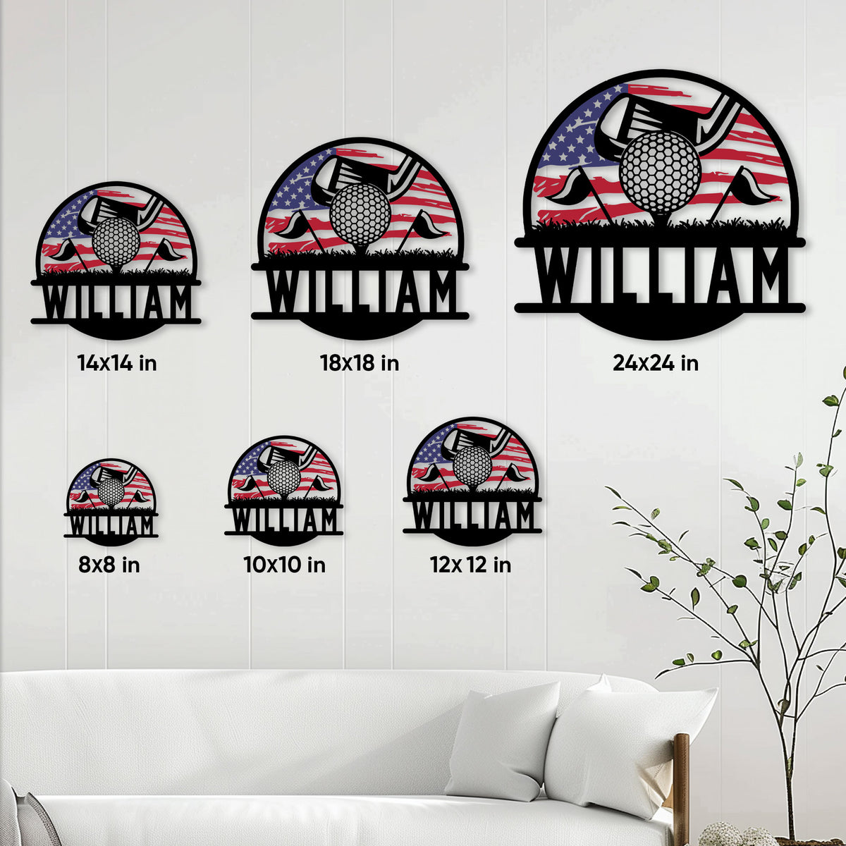 Patriotic golf metal sign shown in multiple size options for different wall spaces
