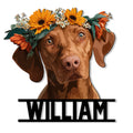 Custom Vizsla dog metal sign featuring a detailed brown portrait with a colorful floral crown