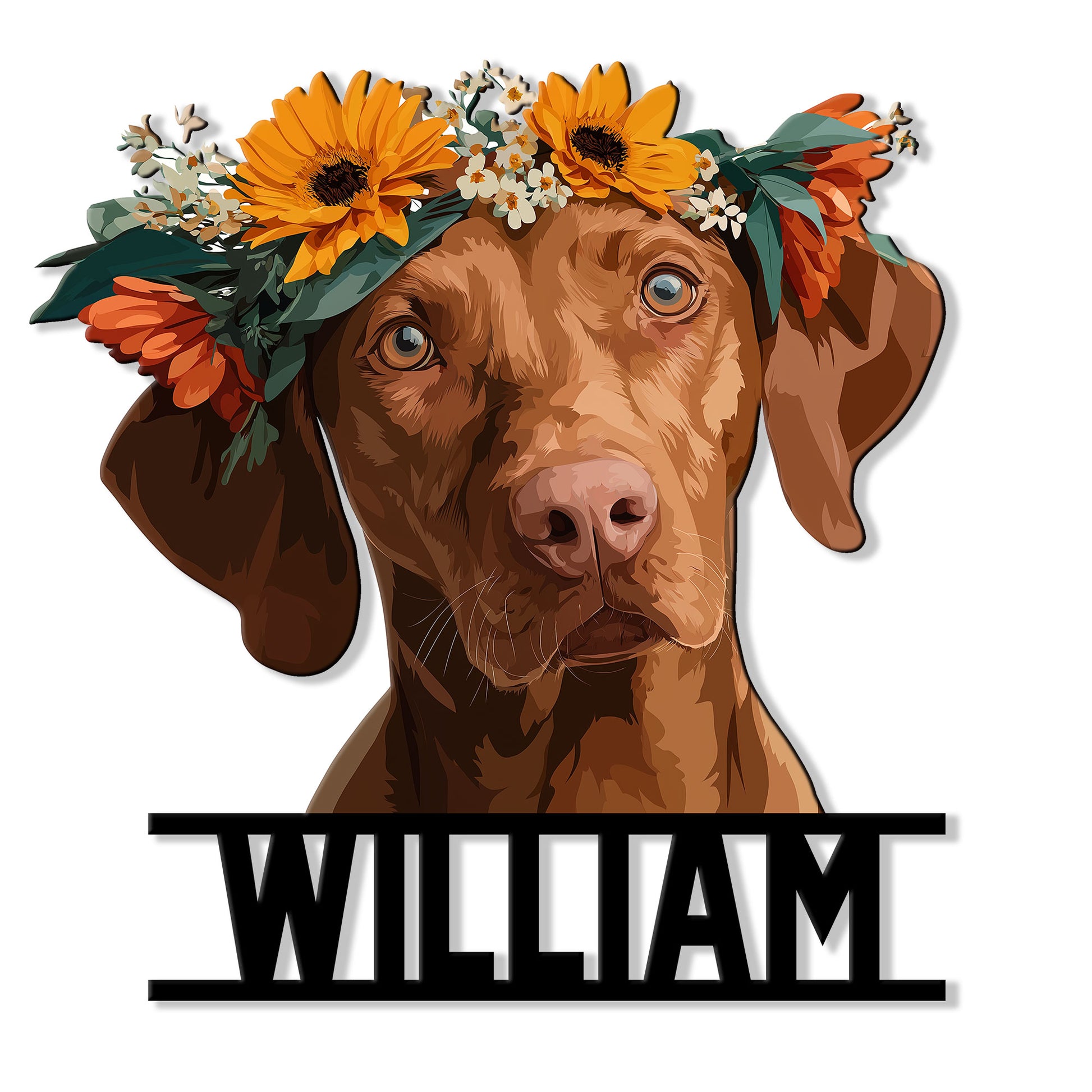 Custom Vizsla dog metal sign featuring a detailed brown portrait with a colorful floral crown