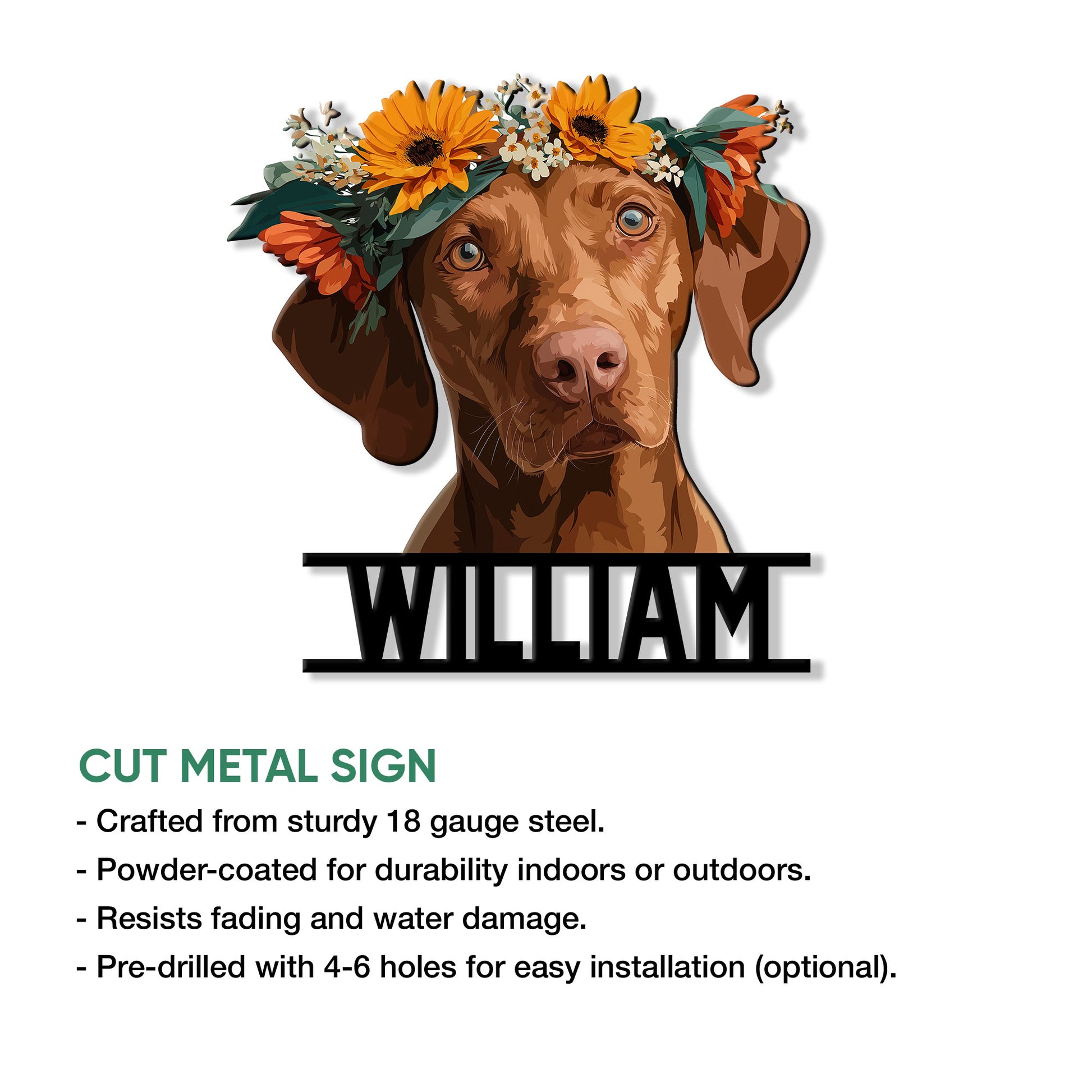 Vizsla dog cut metal sign shown with product feature details and optional mounting holes