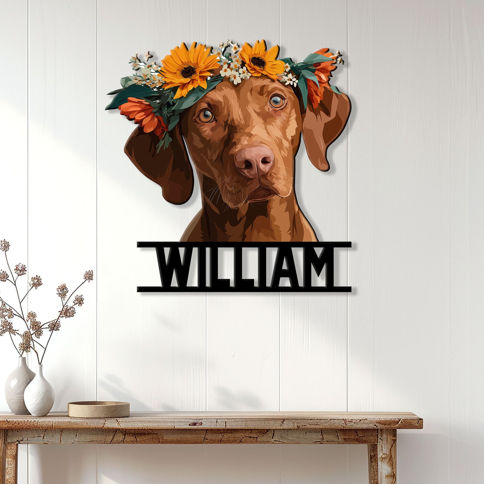 Vizsla portrait metal wall sign displayed on a bright paneled wall above a console table