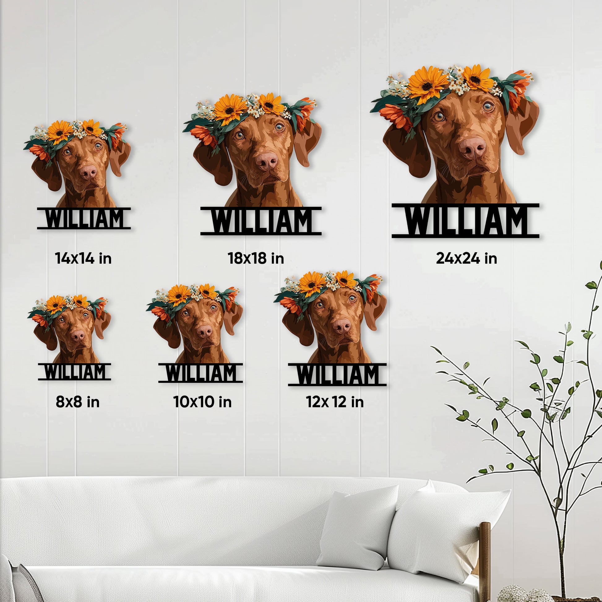 Vizsla dog metal sign size guide showing several square size options in a living room setting