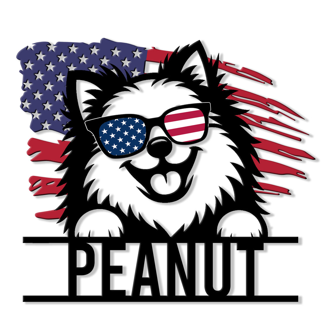 Patriotic Pomeranian metal sign featuring a sunglasses-wearing dog and American flag design