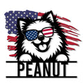 Patriotic Pomeranian metal sign featuring a sunglasses-wearing dog and American flag design