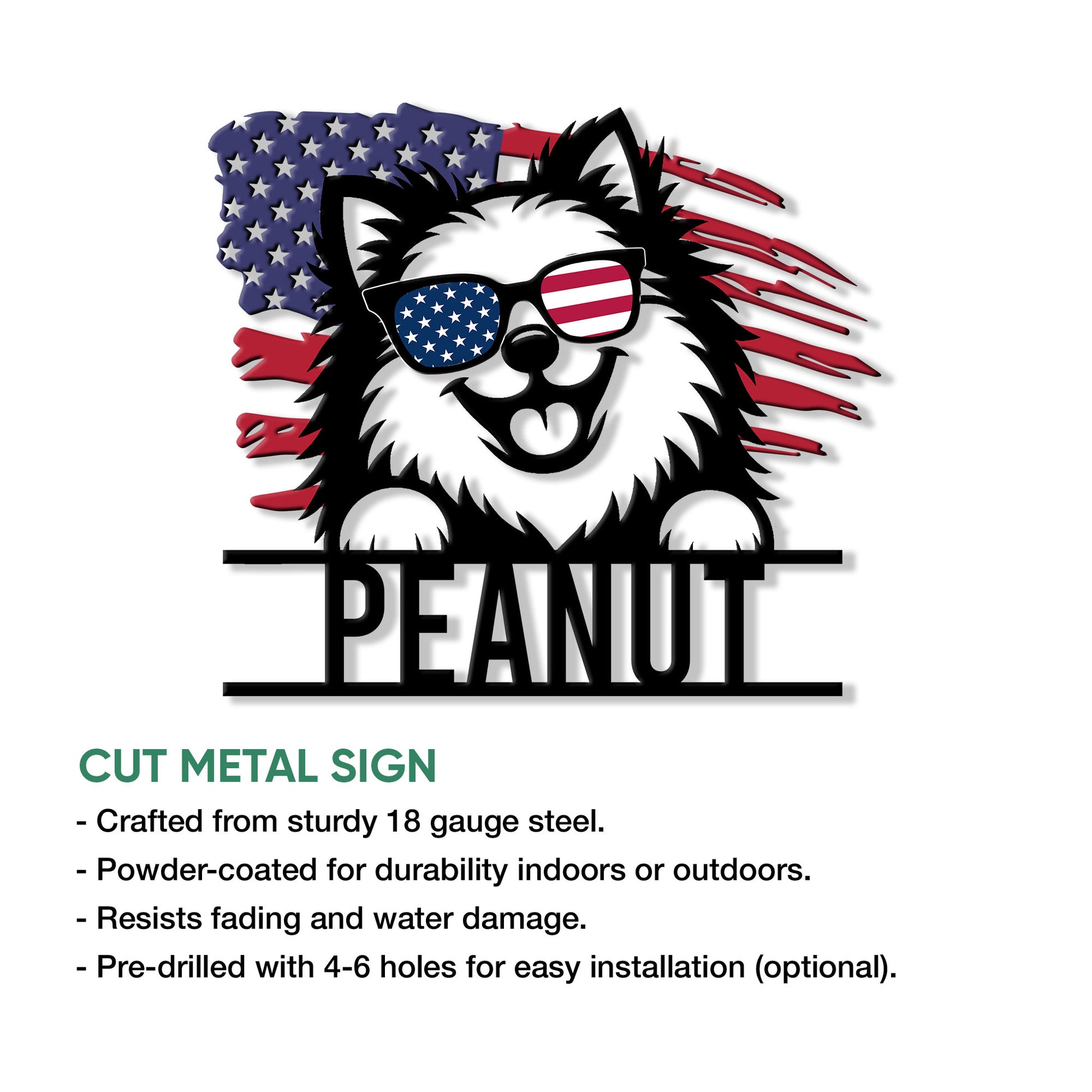 Patriotic Pomeranian cut metal sign shown with product feature information