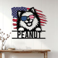 Patriotic Pomeranian wall sign displayed on a bright paneled wall above a console table