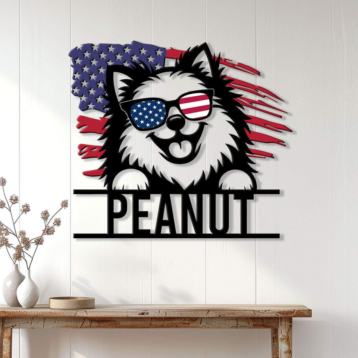 Patriotic Pomeranian wall sign displayed on a bright paneled wall above a console table