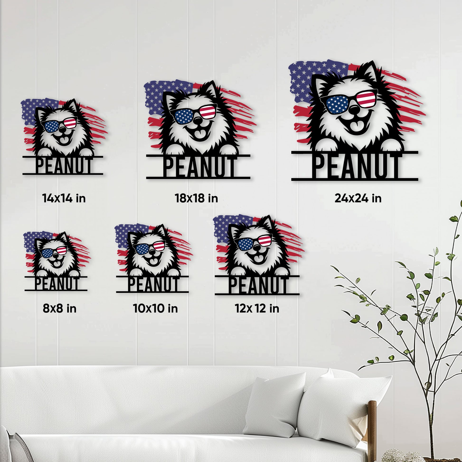 Pomeranian metal sign size guide showing six available square dimensions in a home setting