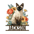 Custom Siamese cat metal sign with a blue-eyed cat surrounded by colorful flowers