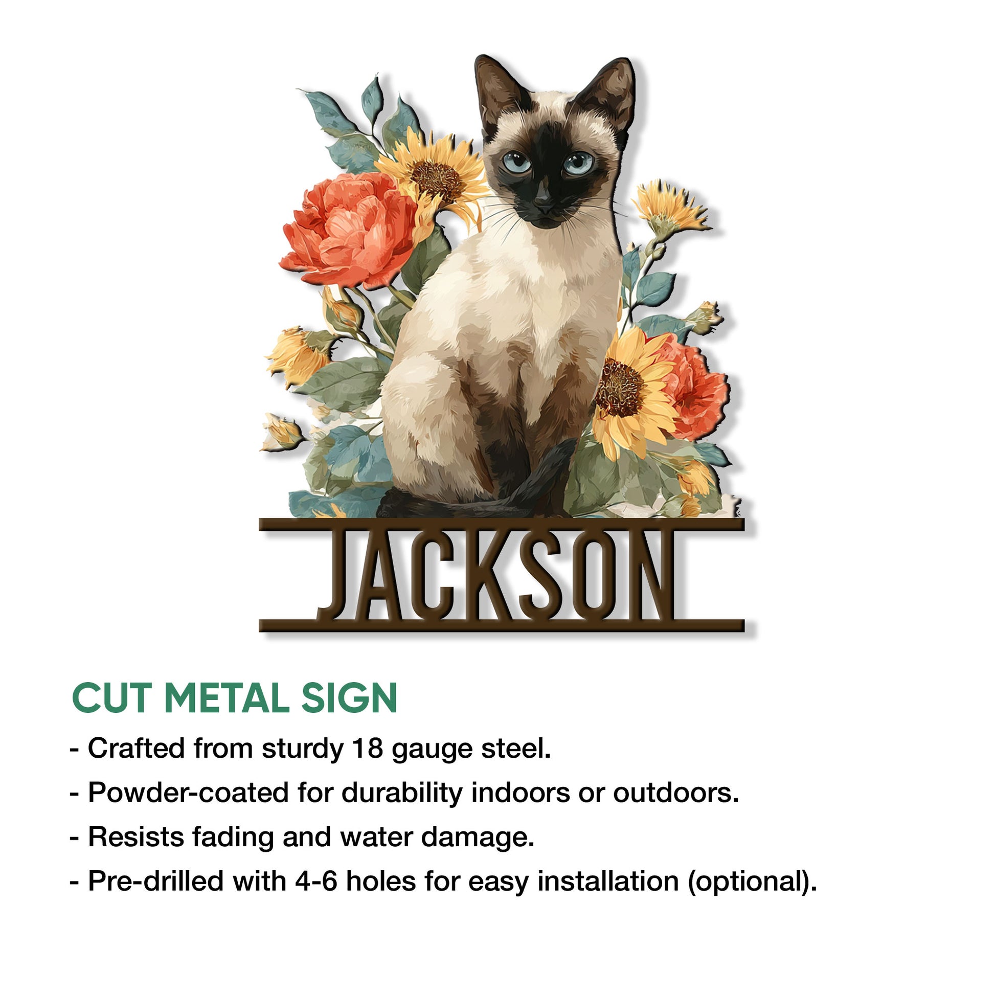 Siamese cat cut metal sign shown with product feature information and floral artwork
