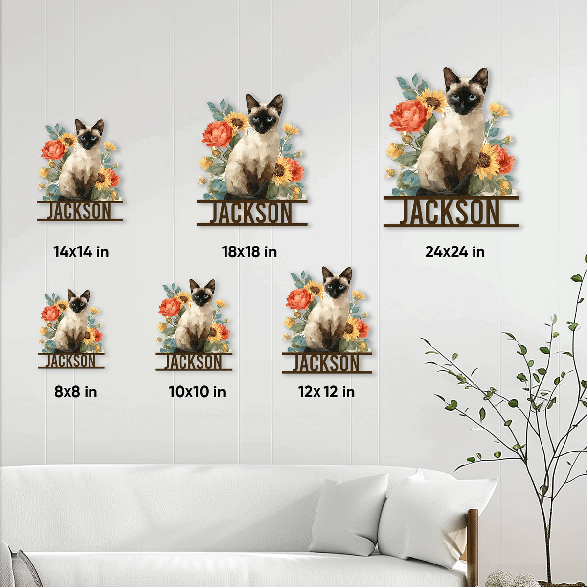 Siamese cat metal sign size guide showing multiple square size options in a living room