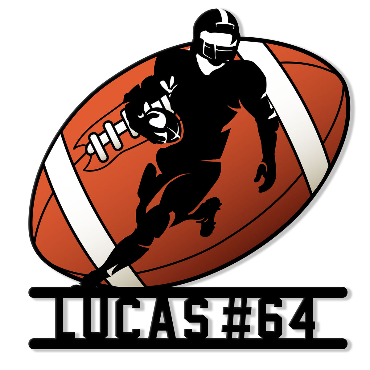 Football player silhouette carrying a ball across an orange football on a custom metal wall sign