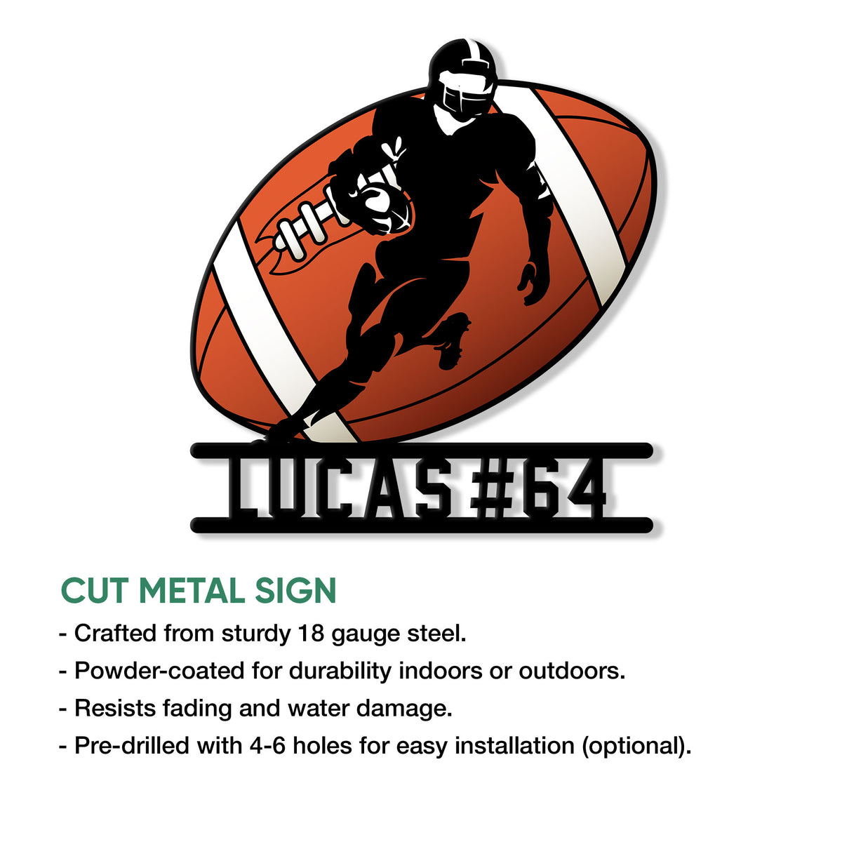 Cut metal football sign featuring a running player silhouette and bold sports-inspired design