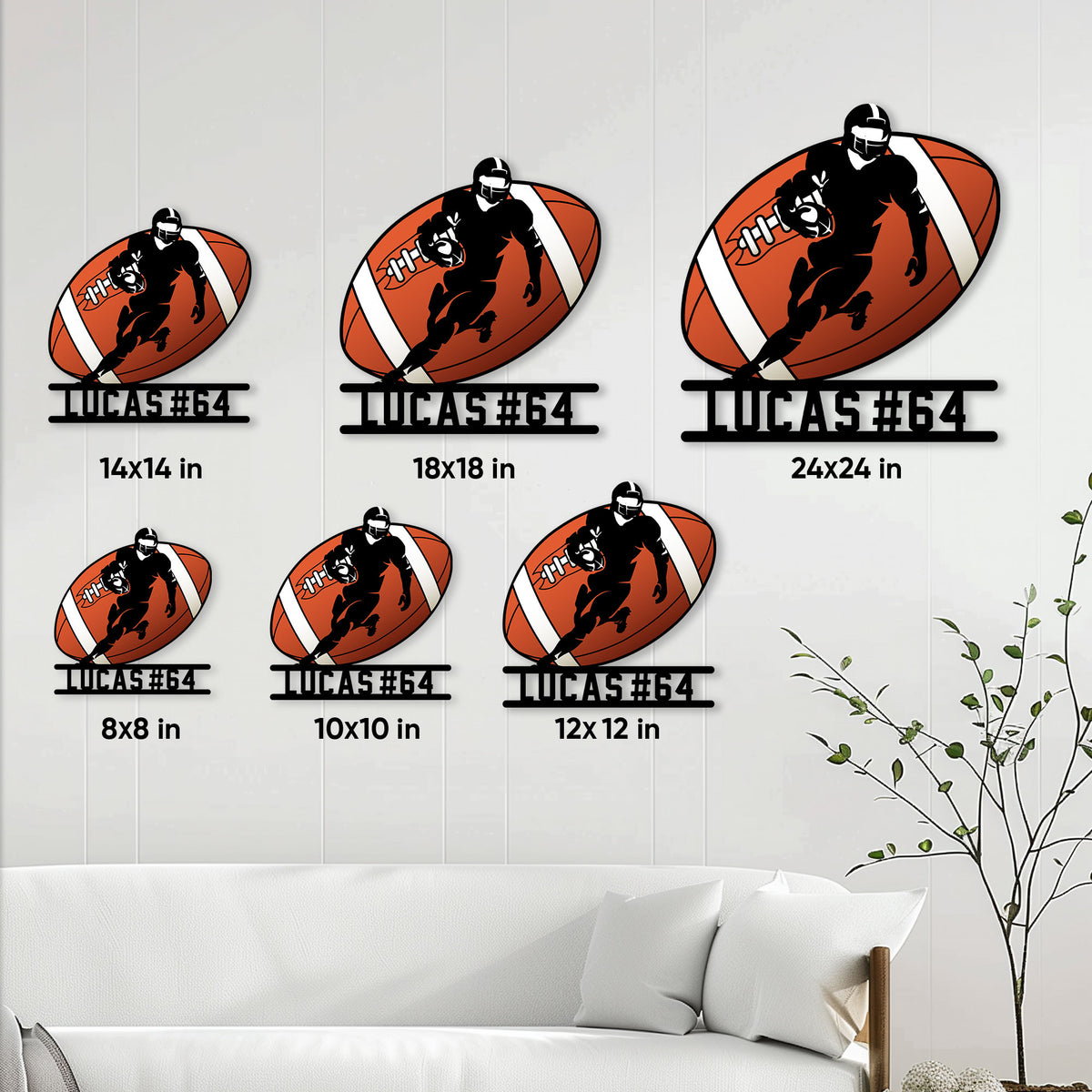 Football metal sign size guide showing available square dimensions from 8 by 8 to 24 by 24 inches