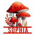 Custom mushroom metal sign featuring a vibrant cluster of red spotted mushrooms and botanical accents